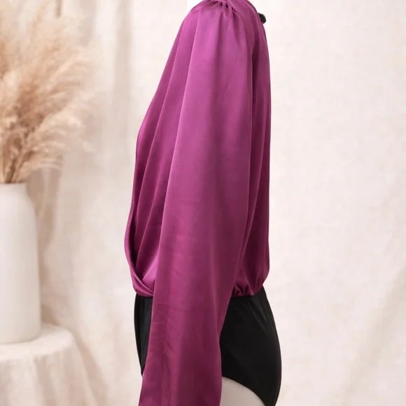Strut & Bolt Magenta Satin Wrap Bodysuit | Size L | Long Sleeve V-Neck - Picture 5 of 7